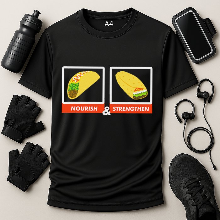 Nourish & Strengthen Funny Lds Taco Burrito Mormon Cooling Performance Crew T-Shirt