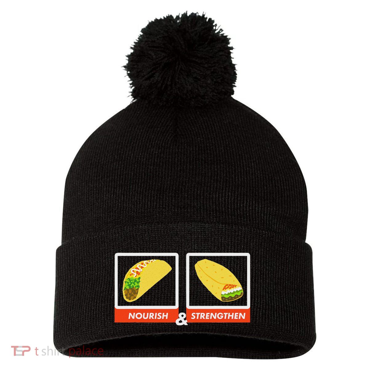 Nourish & Strengthen Funny Lds Taco Burrito Mormon Pom Pom 12in Knit Beanie