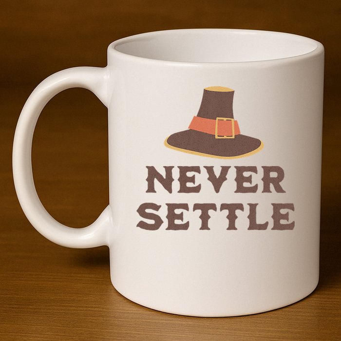 Never Settle Funny Thanksgiving Pilgrim 11oz C Handle Ceramic Mug