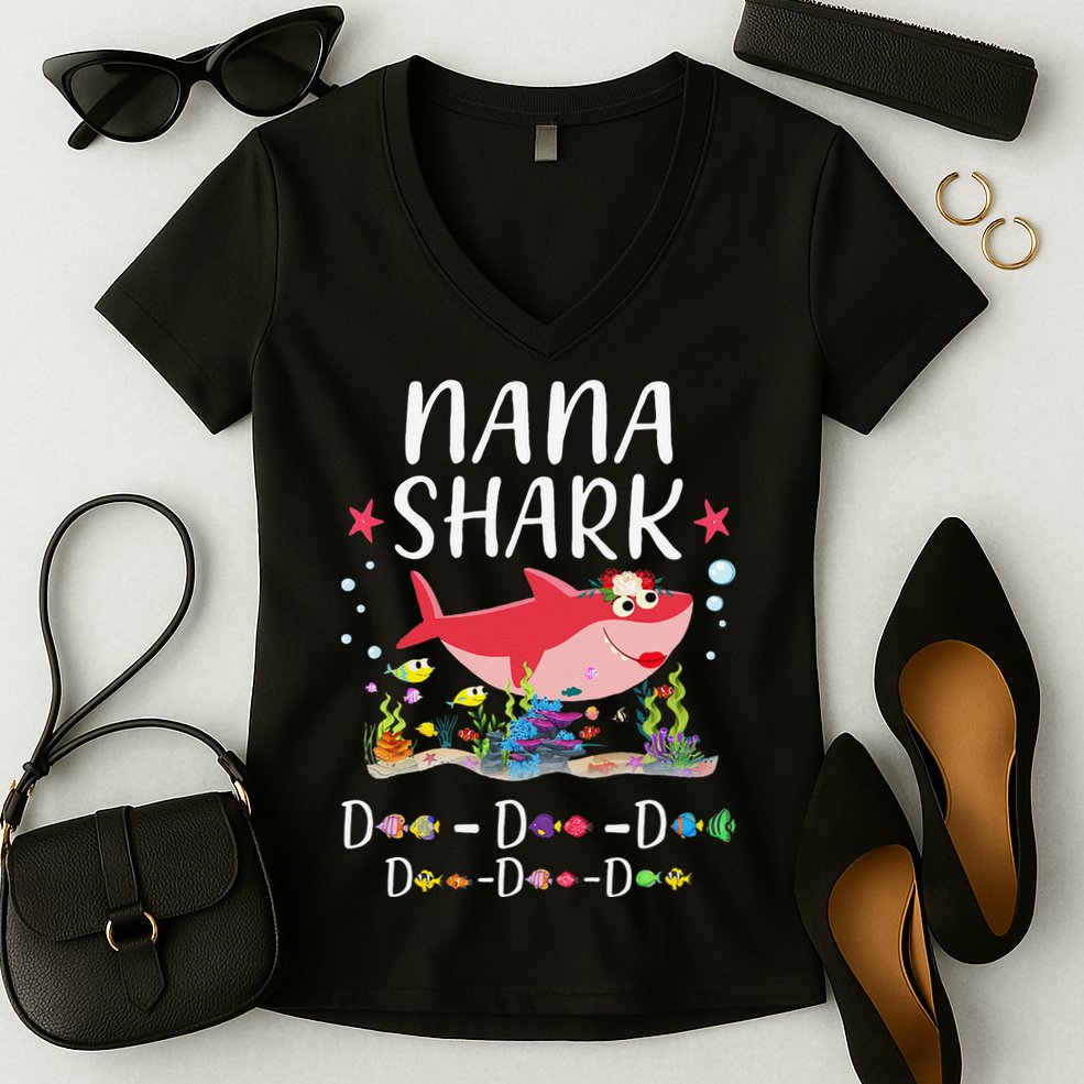 Nana Shark, Funny Mother's Day Floral Gift Women's V-Neck T-Shirt
