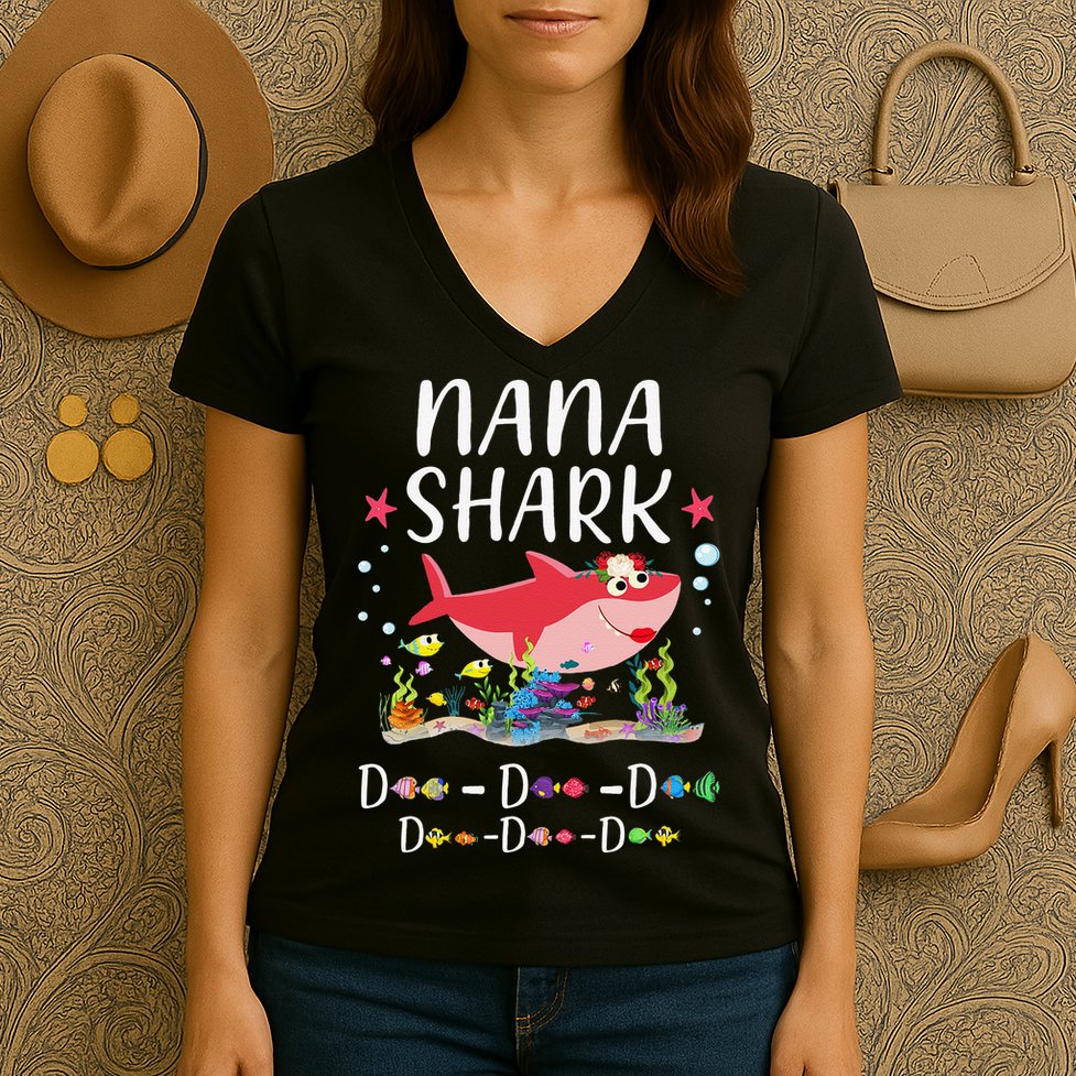 Nana Shark, Funny Mother's Day Floral Gift Women's V-Neck T-Shirt