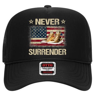 Never Surrender Gold Sneakers Pro Trump 2024 High Crown Mesh Back Trucker Hat