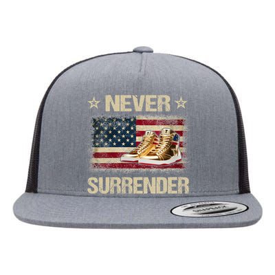 Never Surrender Gold Sneakers Pro Trump 2024 Flat Bill Trucker Hat