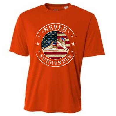 Never Surrender Gold Sneaker Donald Trump 4th Of July Gift Cooling Performance Crew T-Shirt