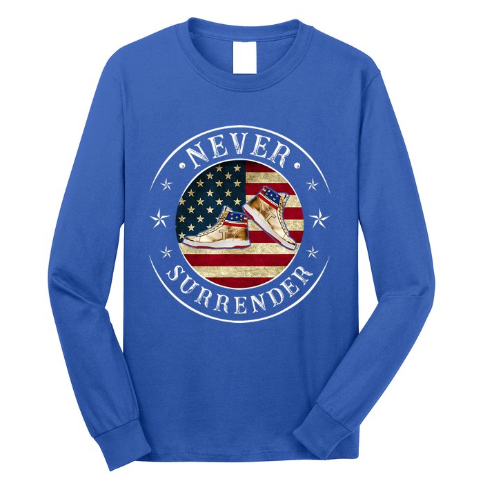 Never Surrender Gold Sneaker Donald Trump 4th Of July Gift Long Sleeve Shirt