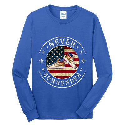 Never Surrender Gold Sneaker Donald Trump 4th Of July Gift Tall Long Sleeve T-Shirt