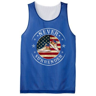 Never Surrender Gold Sneaker Donald Trump 4th Of July Gift Mesh Reversible Basketball Jersey Tank