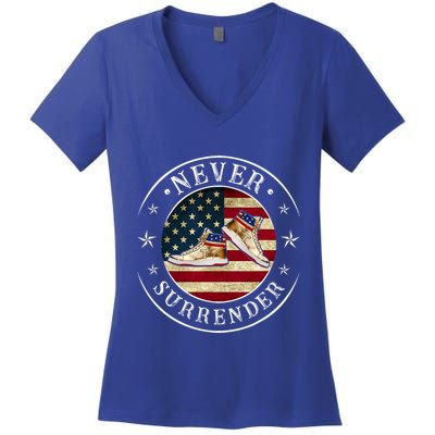 Never Surrender Gold Sneaker Donald Trump 4th Of July Gift Women's V-Neck T-Shirt