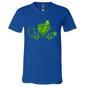 Nurse Stethoscope Heart Shamrock Irish Nurse St Patricks Day Gift V-Neck T-Shirt