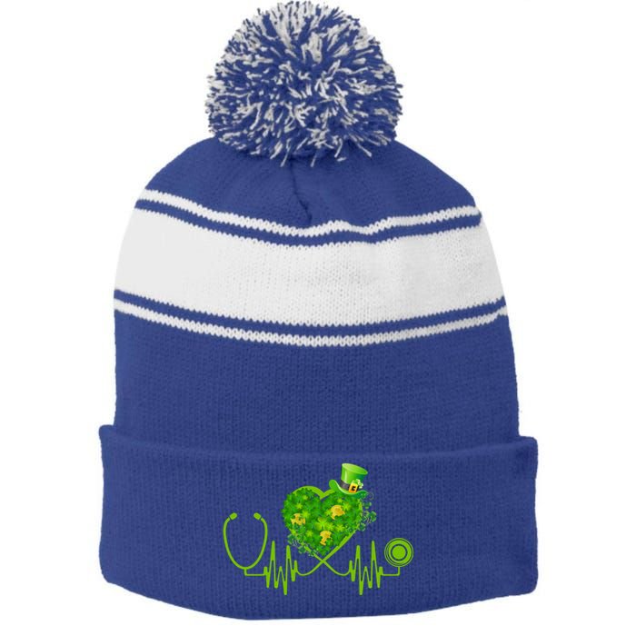 Nurse Stethoscope Heart Shamrock Irish Nurse St Patricks Day Gift Stripe Pom Pom Beanie