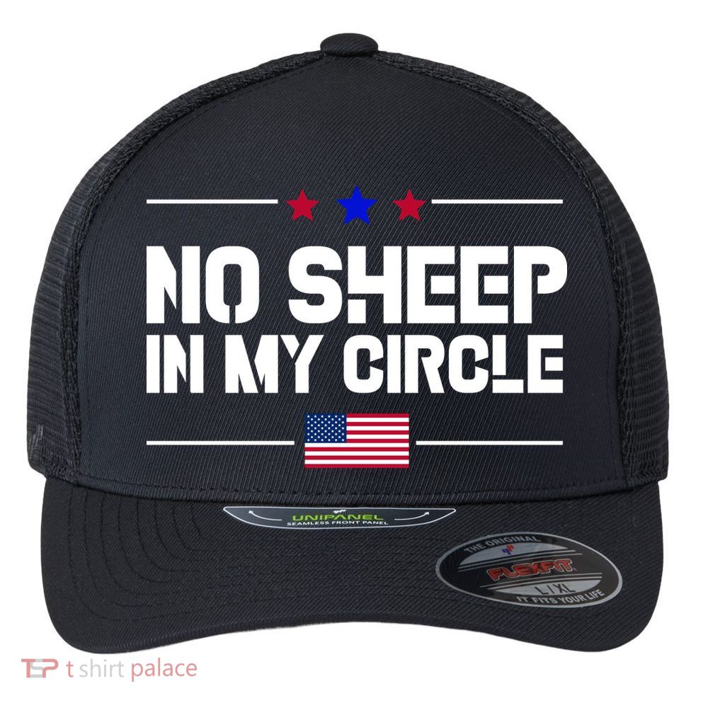 No Sheep In My Circle USA American Flag Logo Flexfit Unipanel Trucker Cap