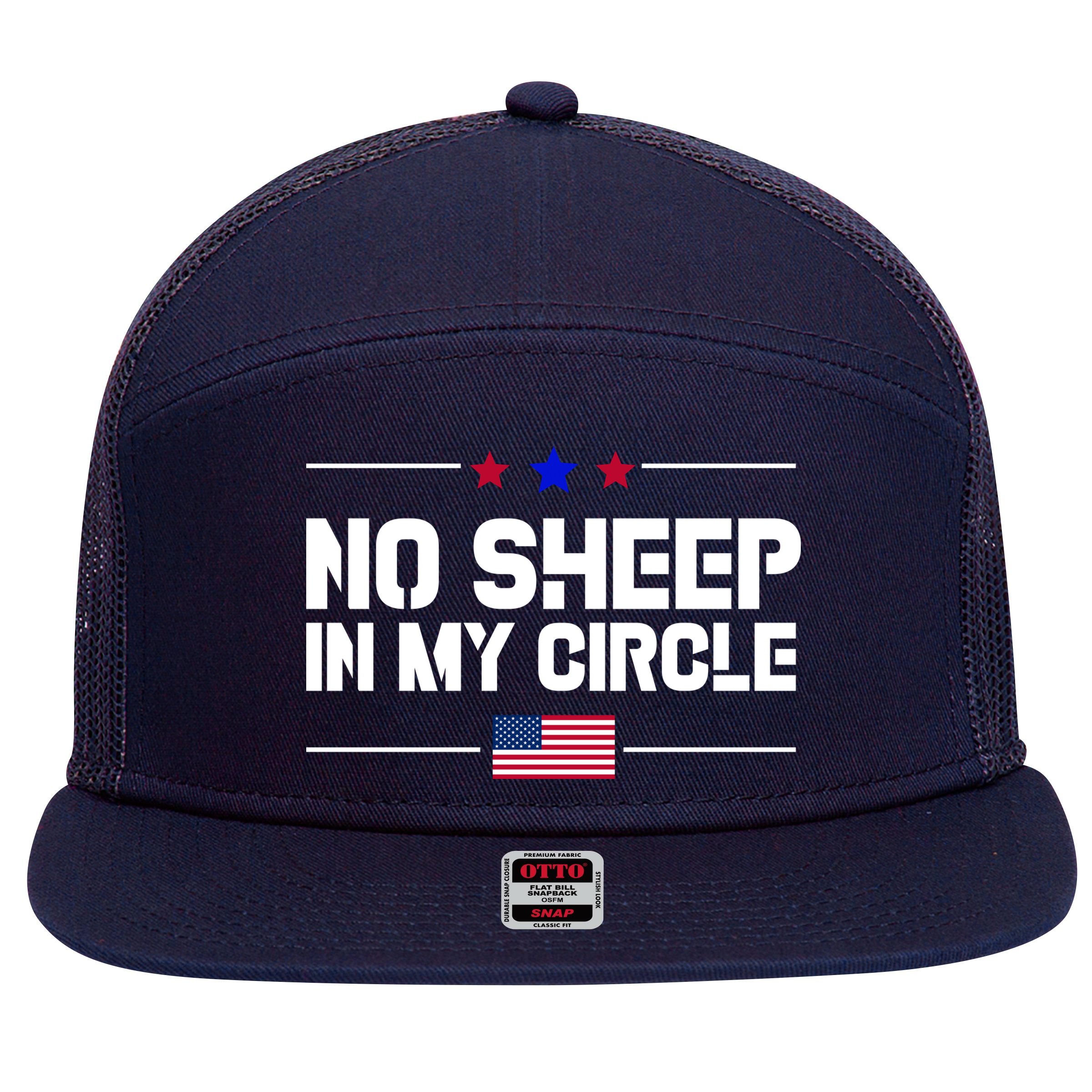 No Sheep In My Circle USA American Flag Logo 7 Panel Mesh Trucker Snapback Hat