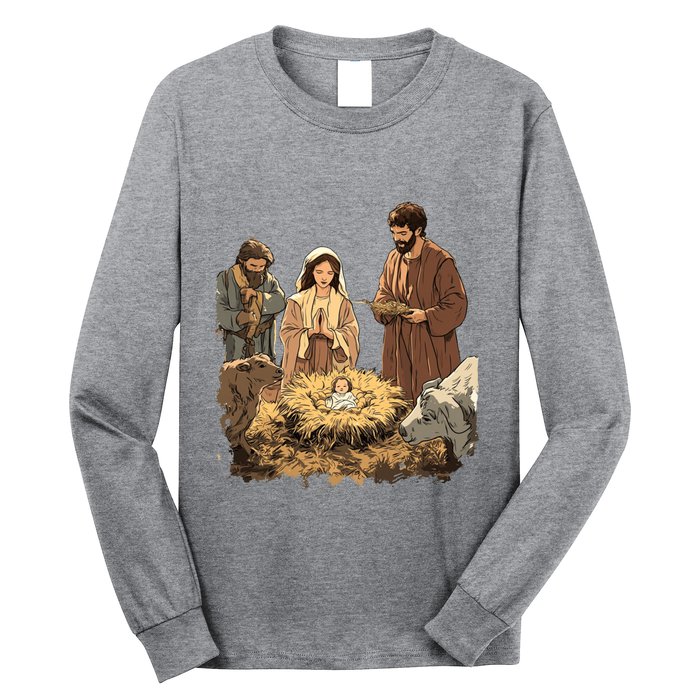 Nativity Scene Illustration Christmas Long Sleeve Shirt