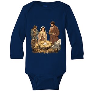 Nativity Scene Illustration Christmas Baby Long Sleeve Bodysuit