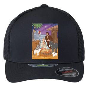 Nativity Scene Jesus Virgin Mary And Saint Joseph Gift Flexfit Unipanel Trucker Cap