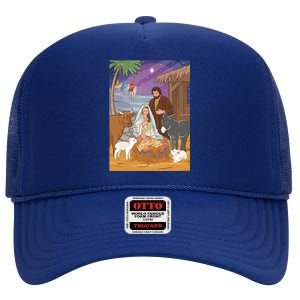 Nativity Scene Jesus Virgin Mary And Saint Joseph Gift High Crown Mesh Back Trucker Hat