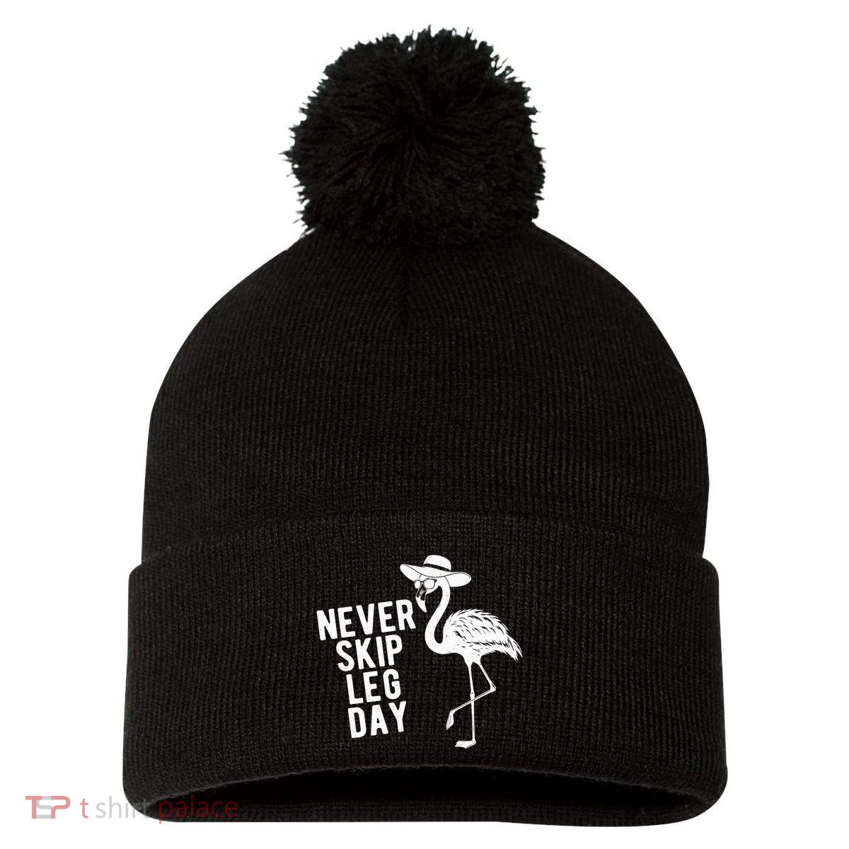 Never Skip Leg Day Flamingo Bird Pom Pom 12in Knit Beanie