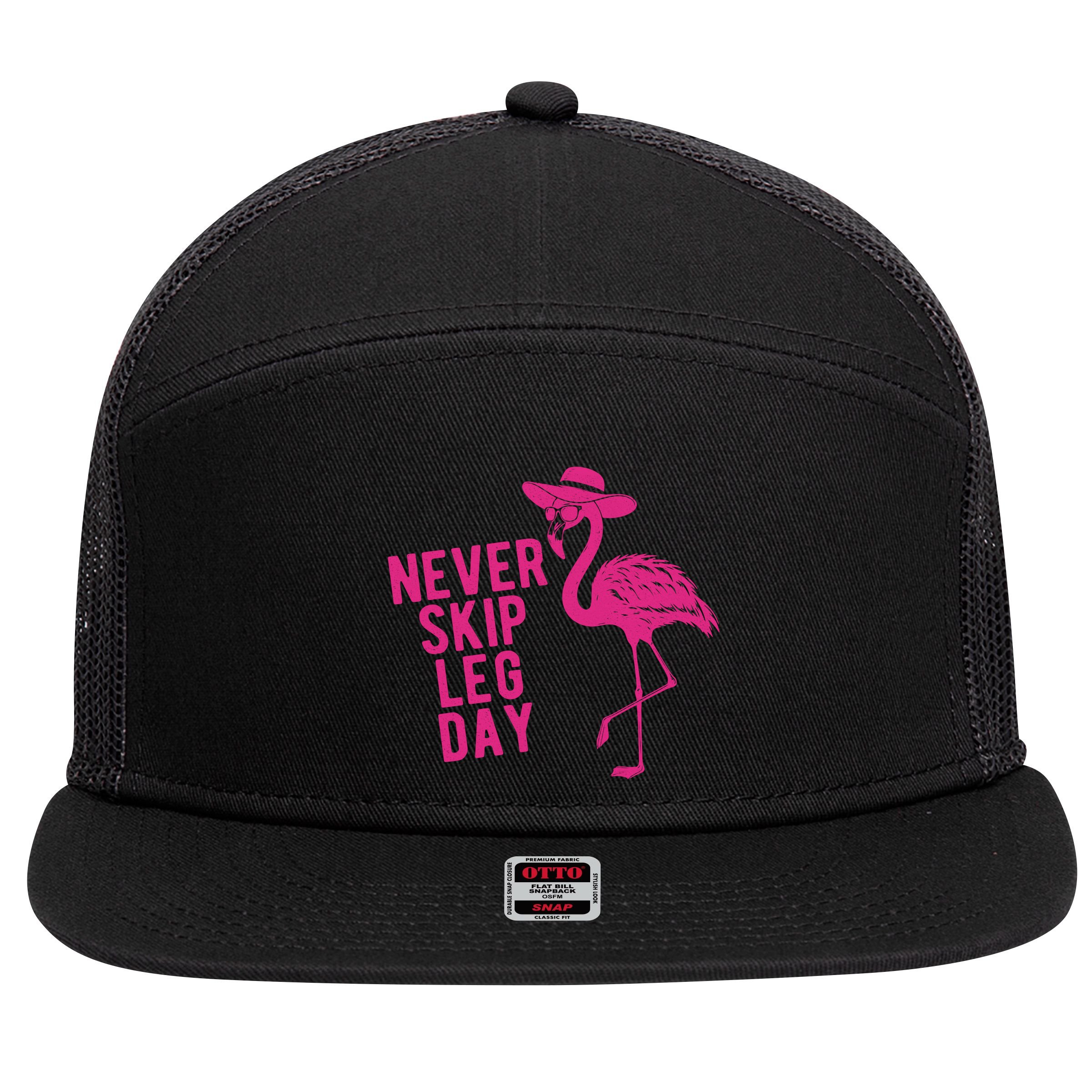 Never Skip Leg Day Flamingo 7 Panel Mesh Trucker Snapback Hat
