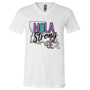 Nola Strong Louisiana Map Fleurdelis Support New Orleans V-Neck T-Shirt