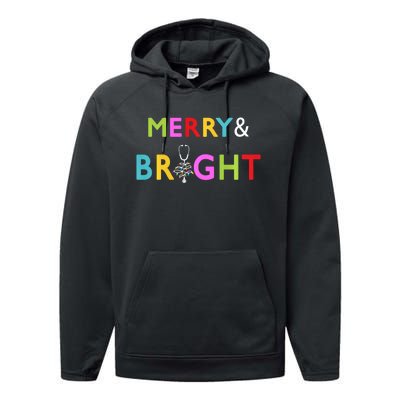 Nurse Stethoscope Merry And Bright Christmas Gift Long Sleeve Performance Fleece Hoodie