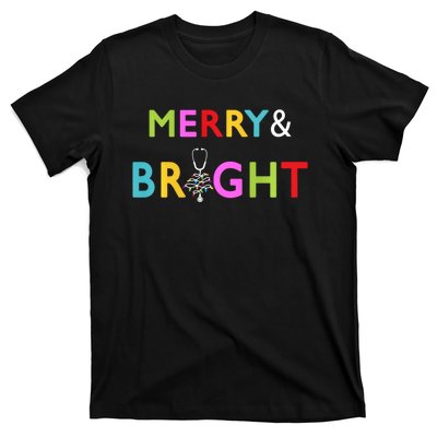 Nurse Stethoscope Merry And Bright Christmas Gift Long Sleeve T-Shirt