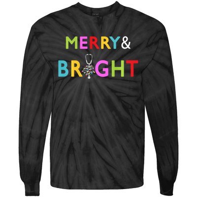 Nurse Stethoscope Merry And Bright Christmas Gift Long Sleeve Tie-Dye Long Sleeve Shirt