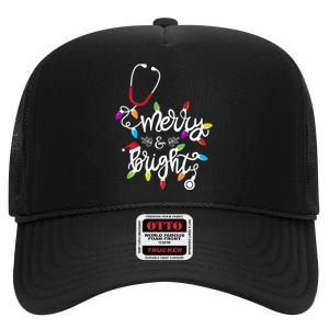 Nurse Stethoscope Merry And Bright Christmas Lights Gift Long Sleeve High Crown Mesh Back Trucker Hat