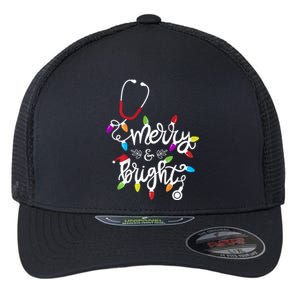 Nurse Stethoscope Merry And Bright Christmas Lights Gift Long Sleeve Flexfit Unipanel Trucker Cap