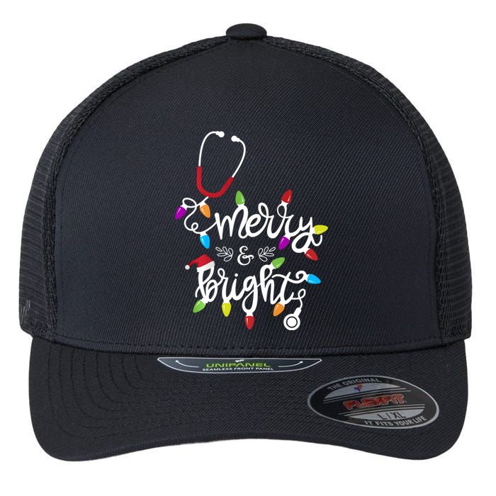 Nurse Stethoscope Merry And Bright Christmas Lights Gift Long Sleeve Flexfit Unipanel Trucker Cap