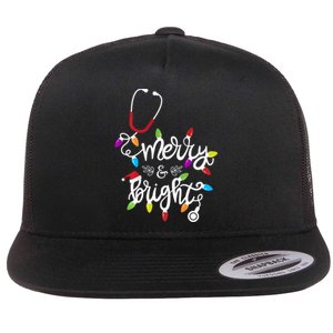 Nurse Stethoscope Merry And Bright Christmas Lights Gift Long Sleeve Flat Bill Trucker Hat