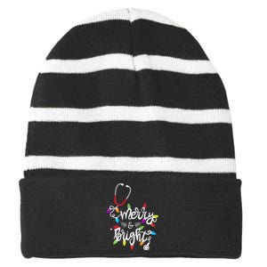 Nurse Stethoscope Merry And Bright Christmas Lights Gift Long Sleeve Striped Beanie with Solid Band