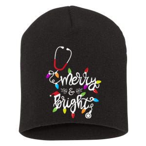 Nurse Stethoscope Merry And Bright Christmas Lights Gift Long Sleeve Short Acrylic Beanie