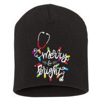 Nurse Stethoscope Merry And Bright Christmas Lights Gift Long Sleeve Short Acrylic Beanie