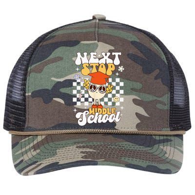 Next Stop Middle School Groovy Holiday Last Day Of School Retro Rope Trucker Hat Cap