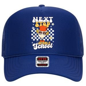 Next Stop Middle School Groovy Holiday Last Day Of School High Crown Mesh Back Trucker Hat