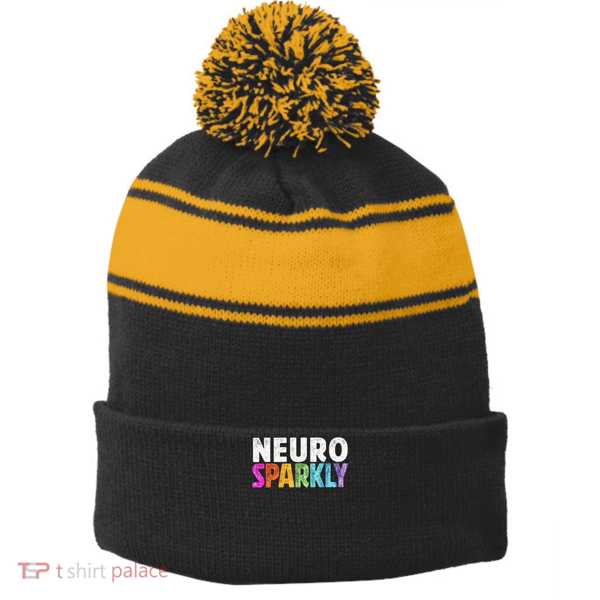 Neuro Sparkly Neurodivergent Neurodivergence ADHD ASD Stripe Pom Pom Beanie