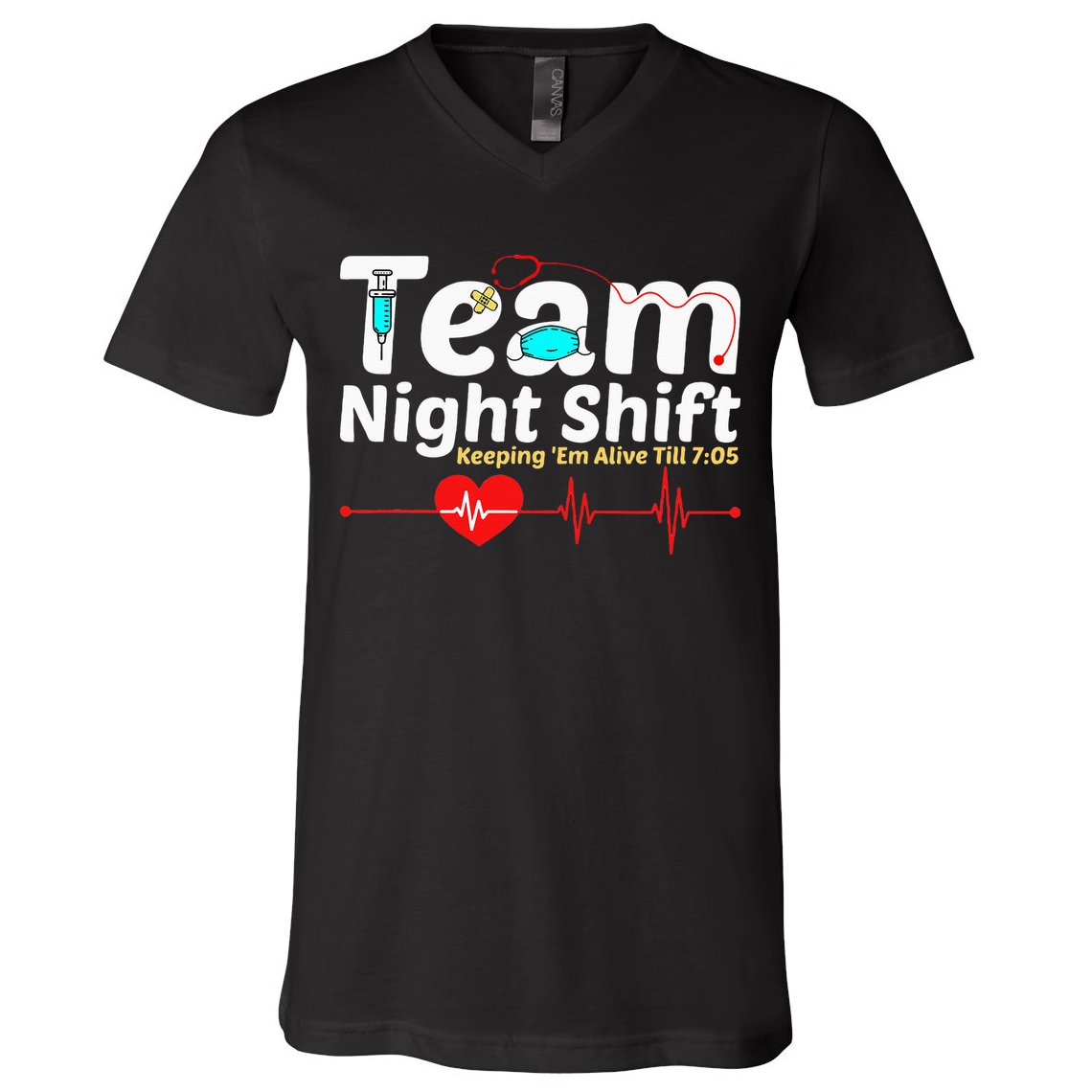 Night Shift Nurse Life RN LPN CNA Healthcare Heartbeat Love V-Neck T-Shirt