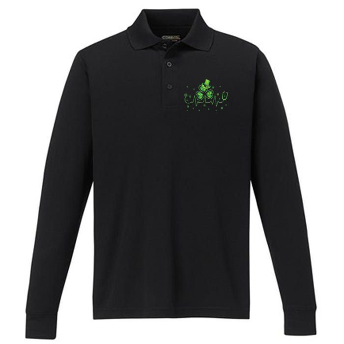 Nurse St Patricks Day Shamrock Heart Beat Lucky Nurse Performance Long Sleeve Polo