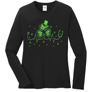 Nurse St Patricks Day Shamrock Heart Beat Lucky Nurse Ladies Long Sleeve Shirt