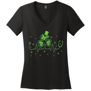 Nurse St Patricks Day Shamrock Heart Beat Lucky Nurse Women's V-Neck T-Shirt