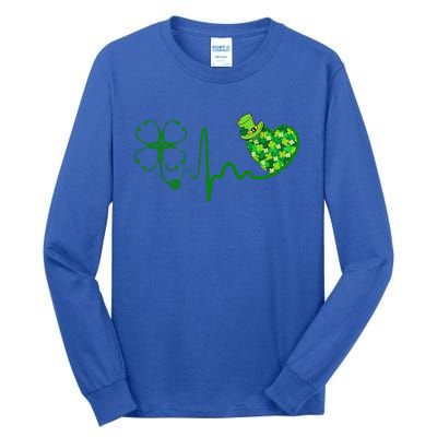 Nurse St Patricks Day Stethoscope Heartbeat Clover Nurses Tall Long Sleeve T-Shirt