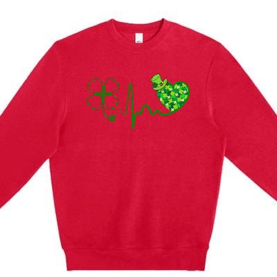 Nurse St Patricks Day Stethoscope Heartbeat Clover Nurses Premium Crewneck Sweatshirt