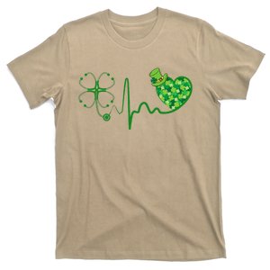 Nurse St Patricks Day Stethoscope Heartbeat Clover Nurses T-Shirt