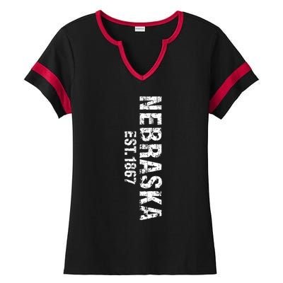 Nebraska State Patriotic American Usa Cool Distressed Design Ladies Halftime Notch Neck Tee