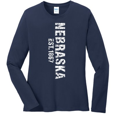 Nebraska State Patriotic American Usa Cool Distressed Design Ladies Long Sleeve Shirt