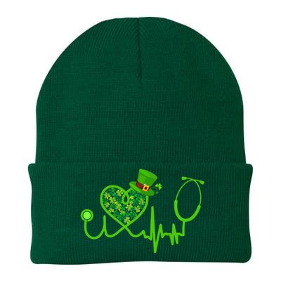 Nurse St Patricks Day Stethoscope Heartbeat Clover Knit Cap Winter Beanie