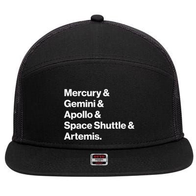 NASA Space Programs Mercury Gemini Apollo Shuttle Artemis 7 Panel Mesh Trucker Snapback Hat