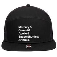 NASA Space Programs Mercury Gemini Apollo Shuttle Artemis 7 Panel Mesh Trucker Snapback Hat