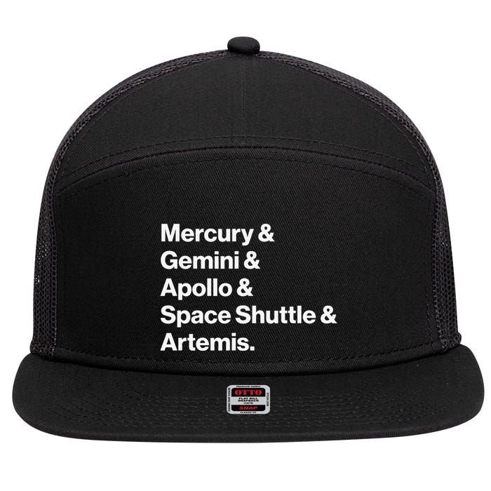 NASA Space Programs Mercury Gemini Apollo Shuttle Artemis 7 Panel Mesh Trucker Snapback Hat