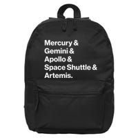 NASA Space Programs Mercury Gemini Apollo Shuttle Artemis 16 in Basic Backpack